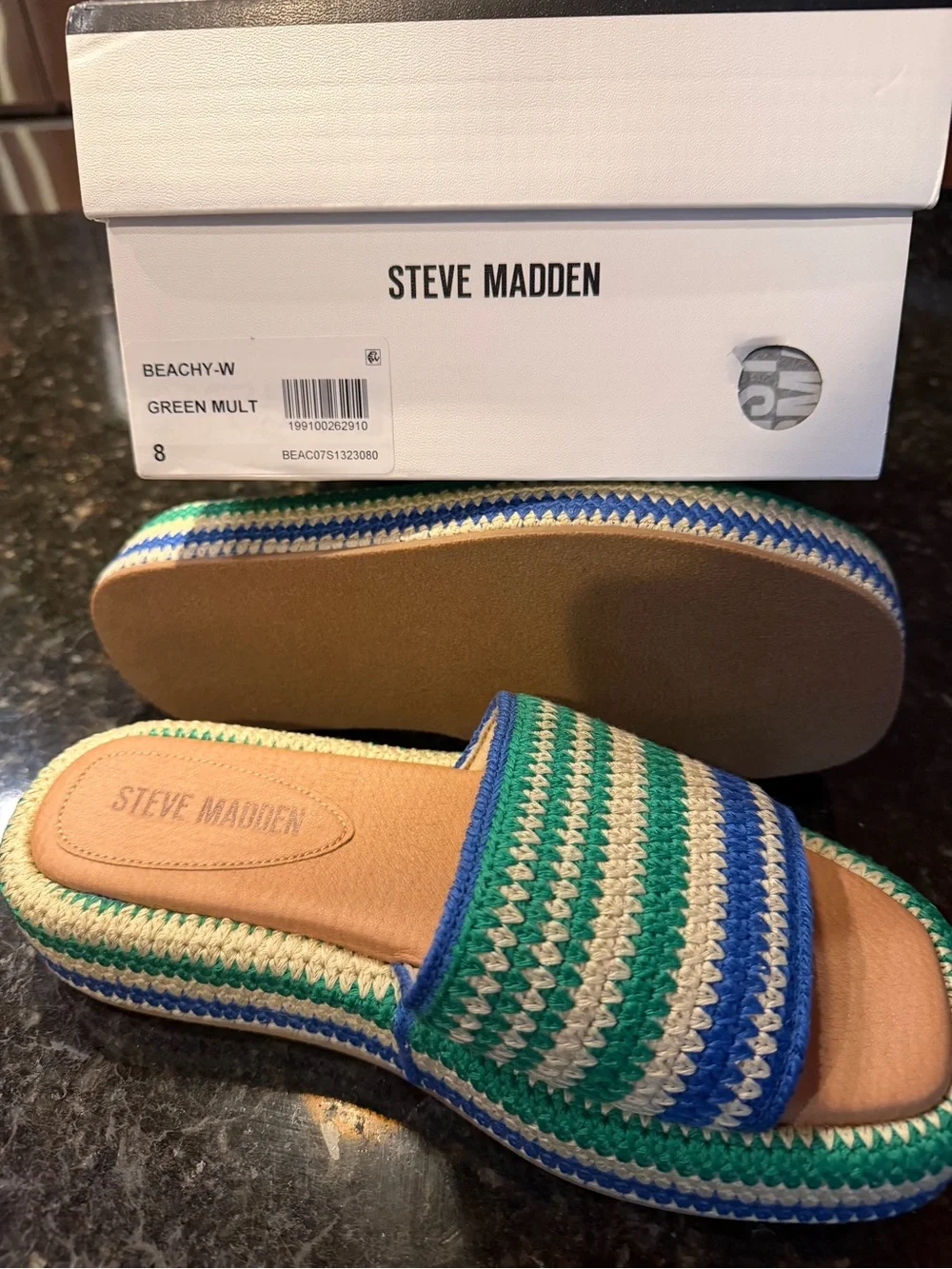 Steve Madden Blue, Green & Cream Striped Crochet Slide Sandals NWT